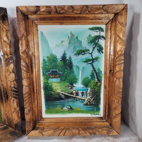 2 Vintage MCM China Scene Oil Paintings ~ One Signed Choe ~ Carved Wood - Picture 3 of 8